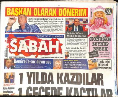 Sabah Gazetesi 26 Eylül 2013 - Demirele Suç Duyurusu - İran Cumhurbaşkanı Ruhaniden Sürpriz - Demirörenden Aysala Gönderme GZ124307 - 1