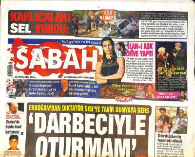 Sabah Gazetesi 26 Eylül 2014 - Erdoğandan Diktatör Sisiye Tavır Dünyaya Ders - Ebolada Bilanço 3 Bine Dayandı GZ125702 - 1
