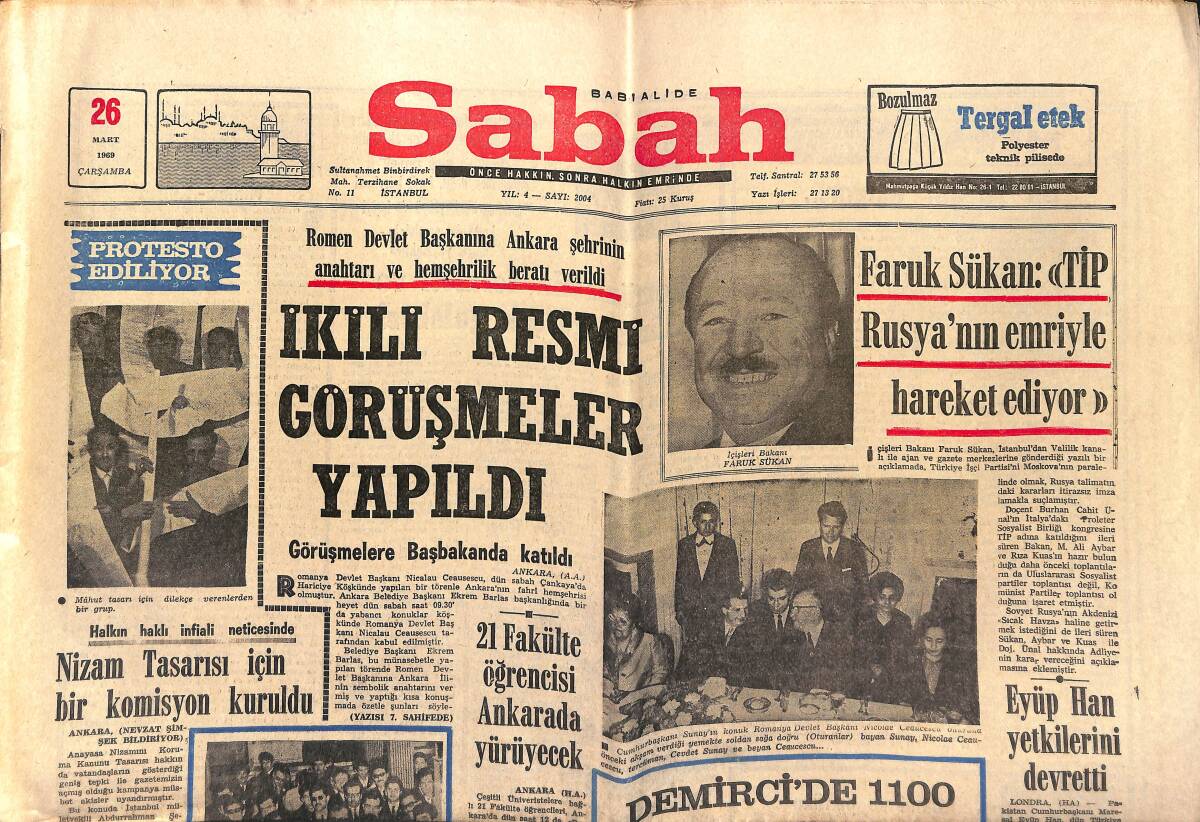 Sabah Gazetesi 26 Mart 1969 - Bursa Cezaevinde İsyan - Vietnam'da Kızıl Saldırı Devam Ediyor GZ149789 - 1