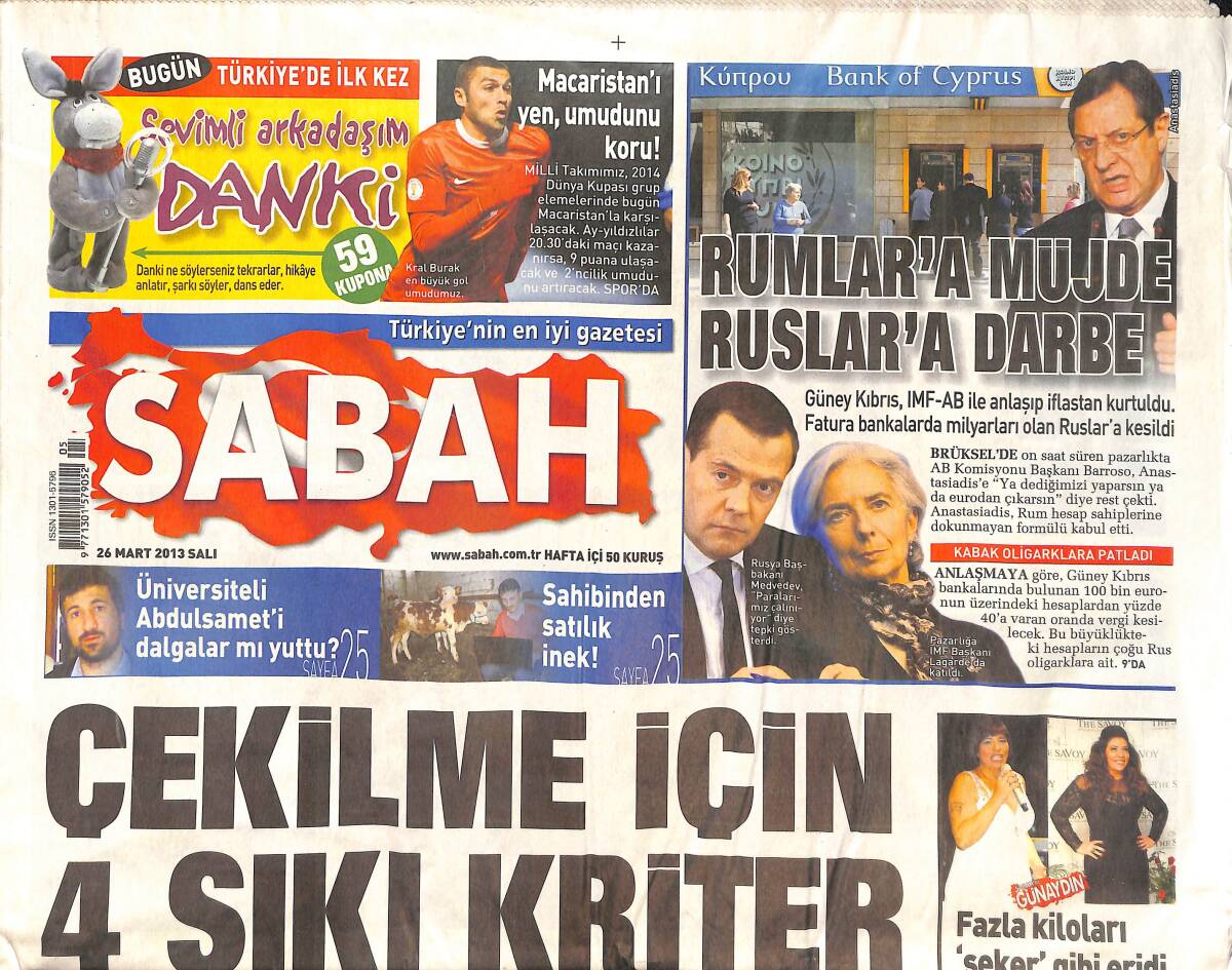 Sabah Gazetesi 26 Mart 2013 - Rumlar'a Müjde Ruslar'a Darbe - Bir Dalga da DİSK'E - Yaşlılara Bakım Sigortası Geliyor! GZ136641 - 1