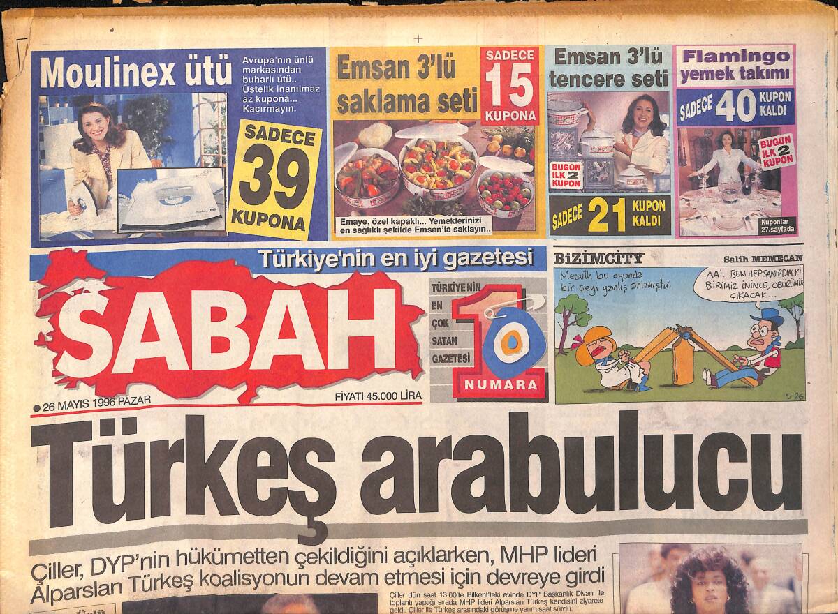 Sabah Gazetesi 26 Mayıs 1996 - Türkeş Arabulucu - İsviçre Değil Zigana Dağları - Kaddafi'nin Dişi Rambo'su GZ155485 - 1