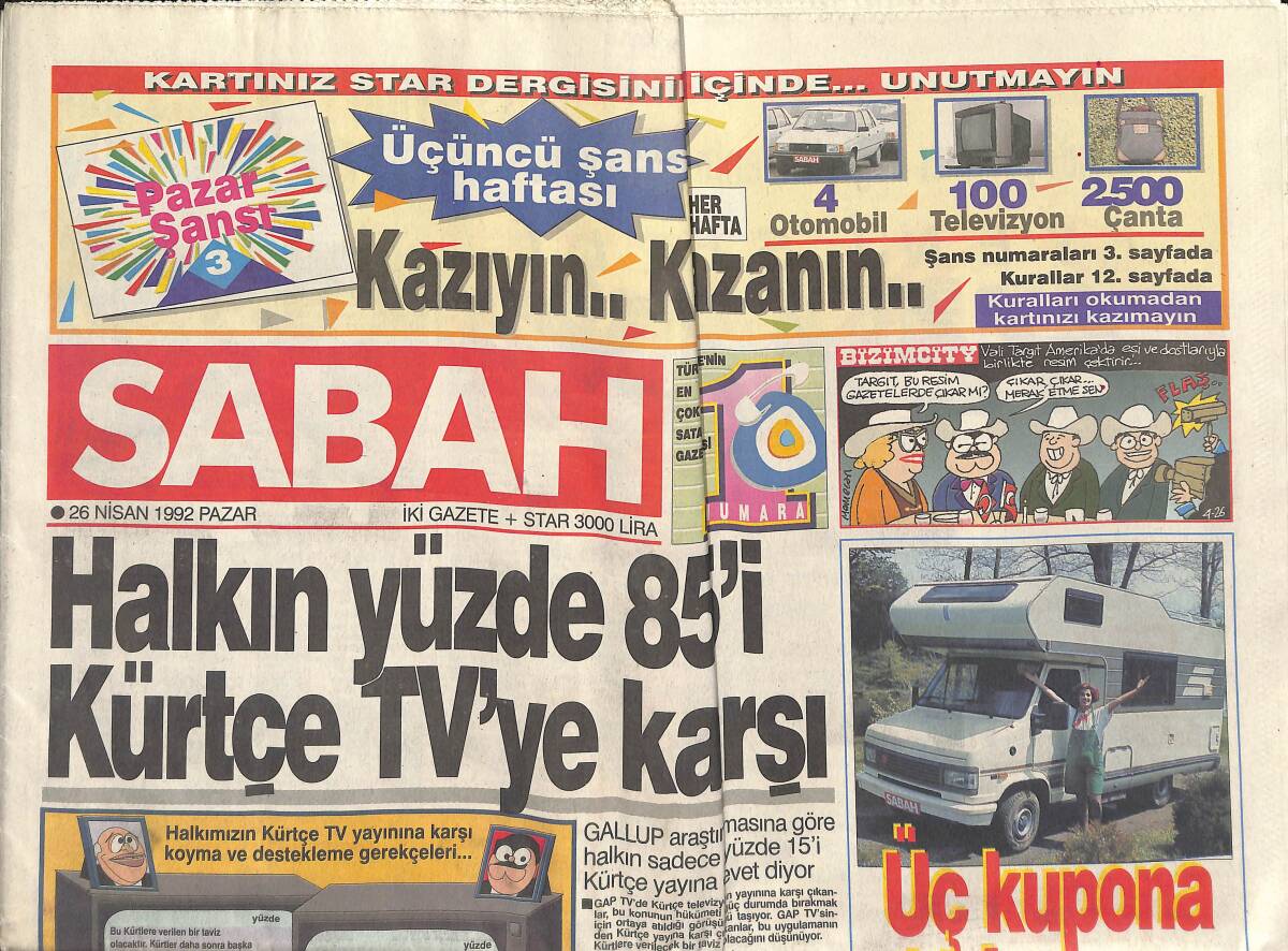 Sabah Gazetesi 26 Nisan 1992 - Halkın Yüzde Seksem Beşi Kürtçe TV'ye Karşı - Özal'ın Keyfi Yerine Geliyor GZ153256 - 1