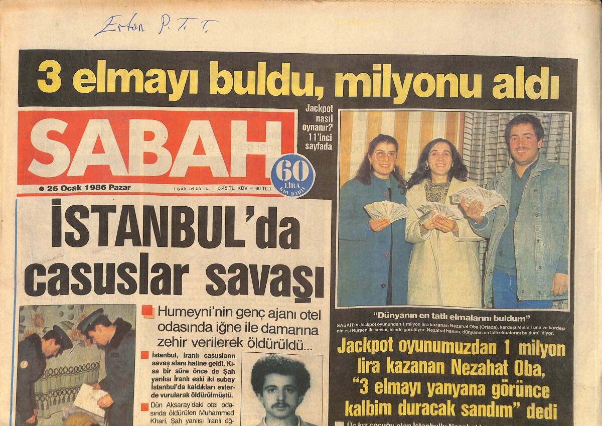 Sabah Gazetesi 26 Ocak 1986 - Sivaslı Bekir 2 Fransız Kızı Birden Yıkadı - Emel Sayın İle Muazzez Abacı Barıştı - Ahu İle Seda Neden Böyle Güldü GZ2426 - 1