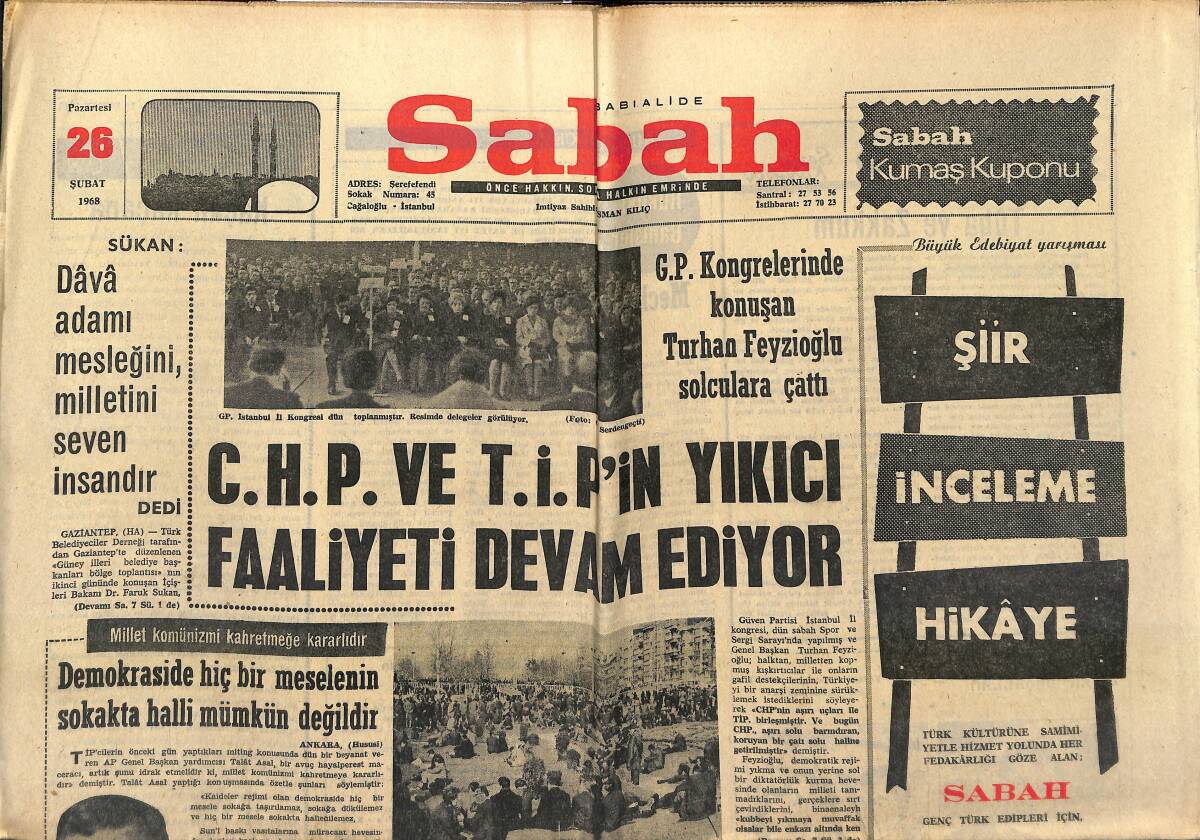 Sabah Gazetesi 26 Şubat 1968 - CHP Ve TİP Yıkıcı Faaliyeti Devam Ediyor - Kuzey Vietnam'ı Bombardıman Şiddetlendi GZ149980 - 1