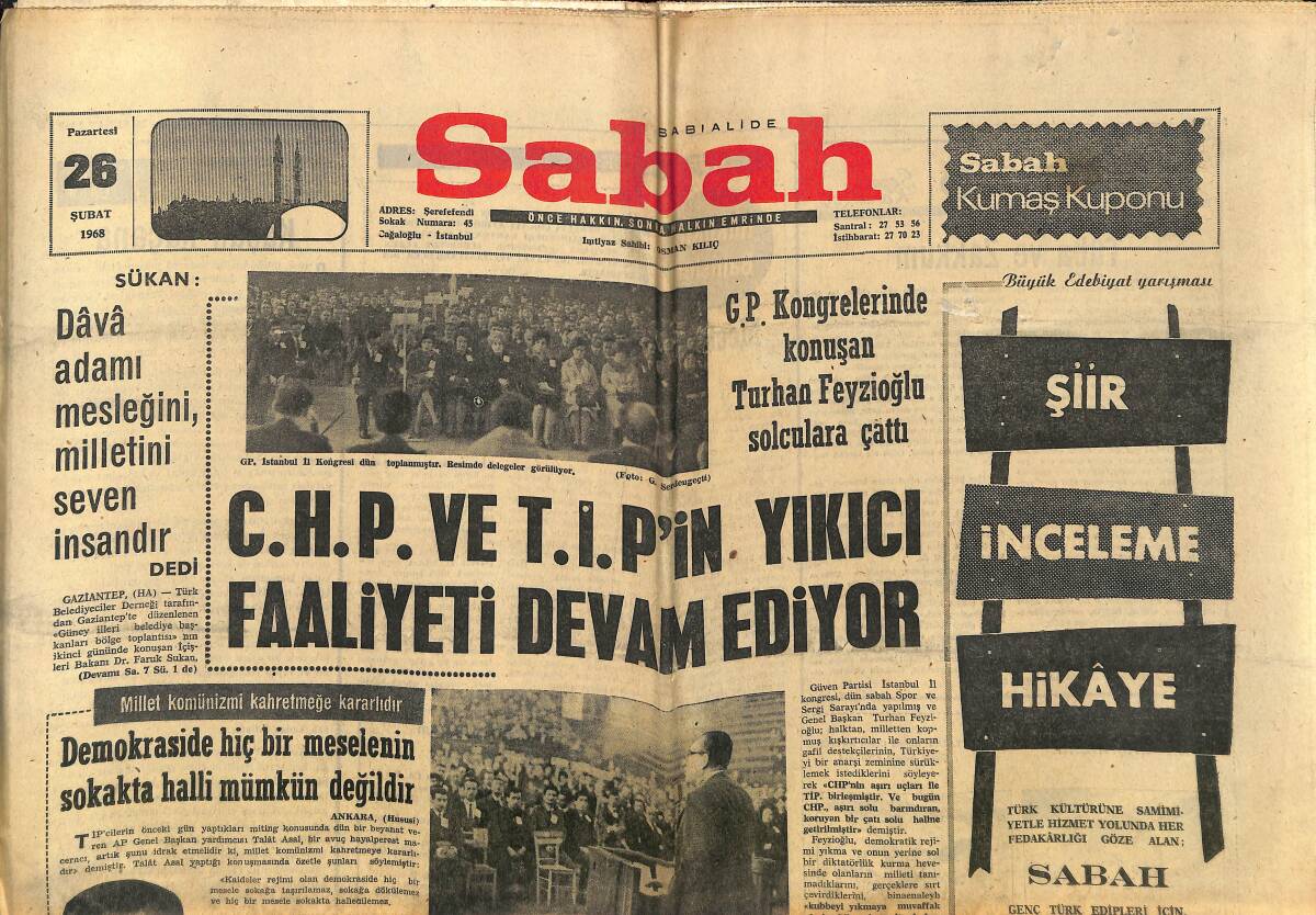 Sabah Gazetesi 26 Şubat 1968 - GP Kongrelerinde Konuşan Turhan Feyzioğlu Solculara Çattı - Batur, Galatasaray'a Tekrar Başkan Seçildi GZ149982 - 1