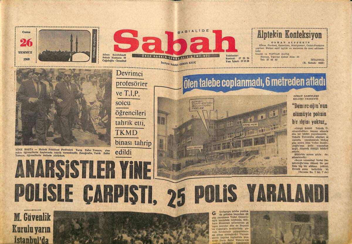 Sabah Gazetesi 26 Temmuz 1968 - Beşiktaş Dün Yeni Sezona Girdi - Anarşistler Yine Polisle Çarpıştı GZ149896 - 1