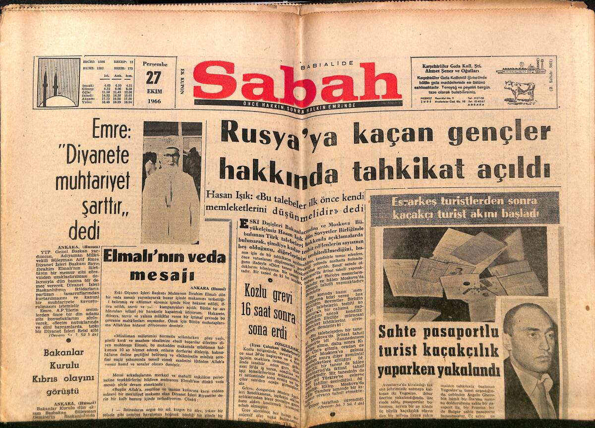 Sabah Gazetesi 27 Ekim 1966 - Elmalı'nın Veda Mesajı - Başbakan Johnson Vietnam Harp Sahasında - Pele 27 Yaşında GZ149812 - 1