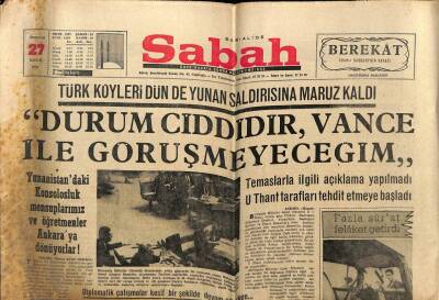 Sabah Gazetesi 27 Kasım 1967 - Türk Köyleri Yunan Saldırısına Maruz Kaldı GZ64142 - 2