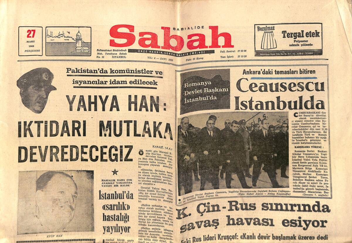 Sabah Gazetesi 27 Mart 1969 - Yahya Han: İktidarı Mutlaka Devredeceğiz - Ve Galatasaray Dördüncü Tura Yükseldi GZ149788 - 1
