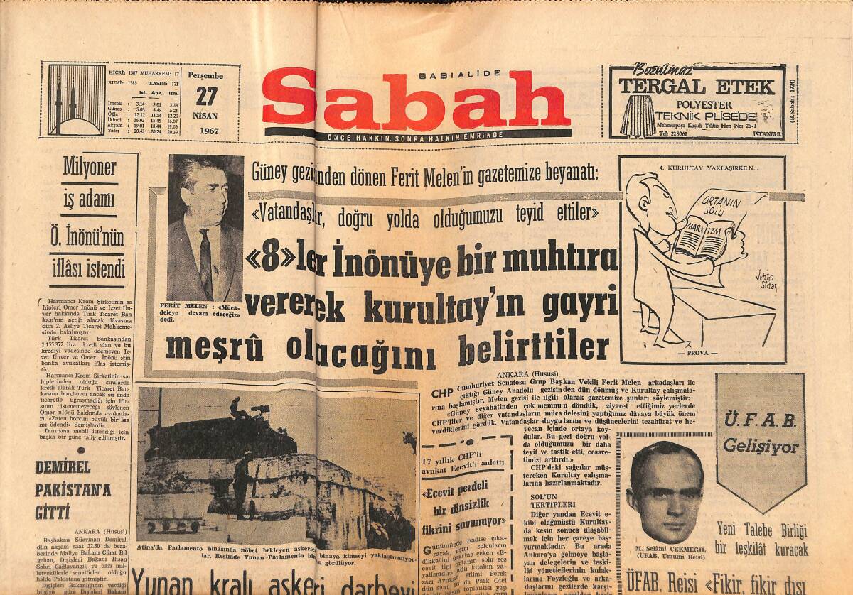 Sabah Gazetesi 27 Nisan 1967 - Amerikan-Sovyet Gizli Atom Görüşmeleri Başladı - Demirel Pakistan'a Gitti GZ149776 - 1