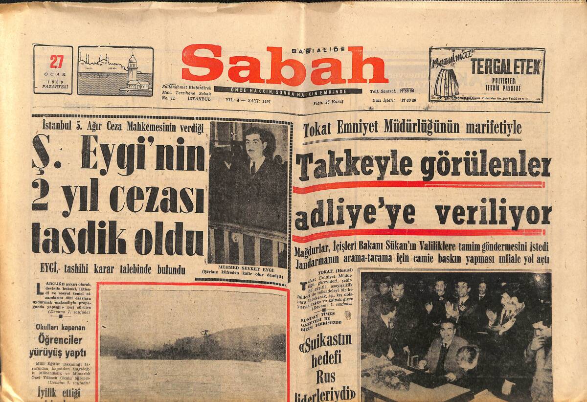 Sabah Gazetesi 27 Ocak 1969 - Türkeş : Komünizmin Üzerine Yürüyoruz - Ş. Evgi'nin 2 Yıl Cezası Tasdik Oldu GZ149723 - 1