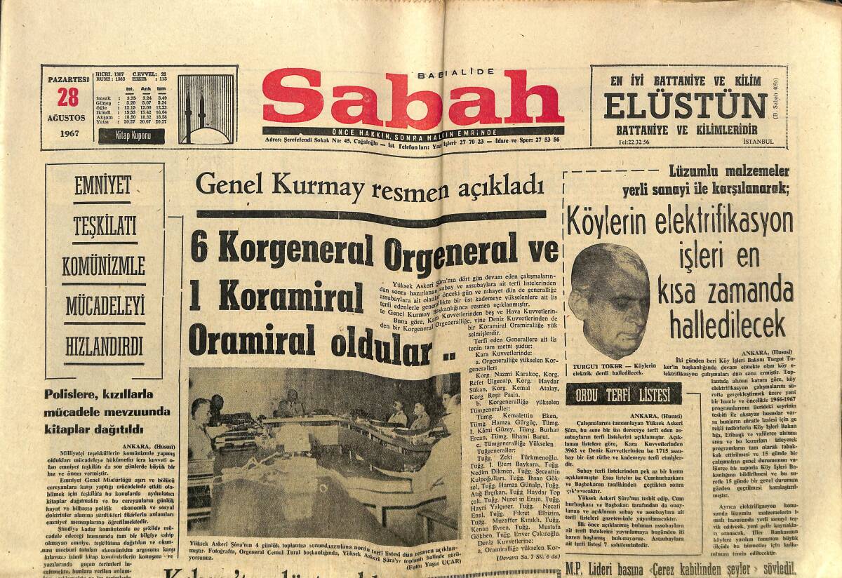 Sabah Gazetesi 28 Ağustos 1967 - Milli Güvenlik Kurulu Toplanıyor - Emniyet Teşkilatı Komünizmle Mücadeleyi Hızlandırdı GZ149873 - 1