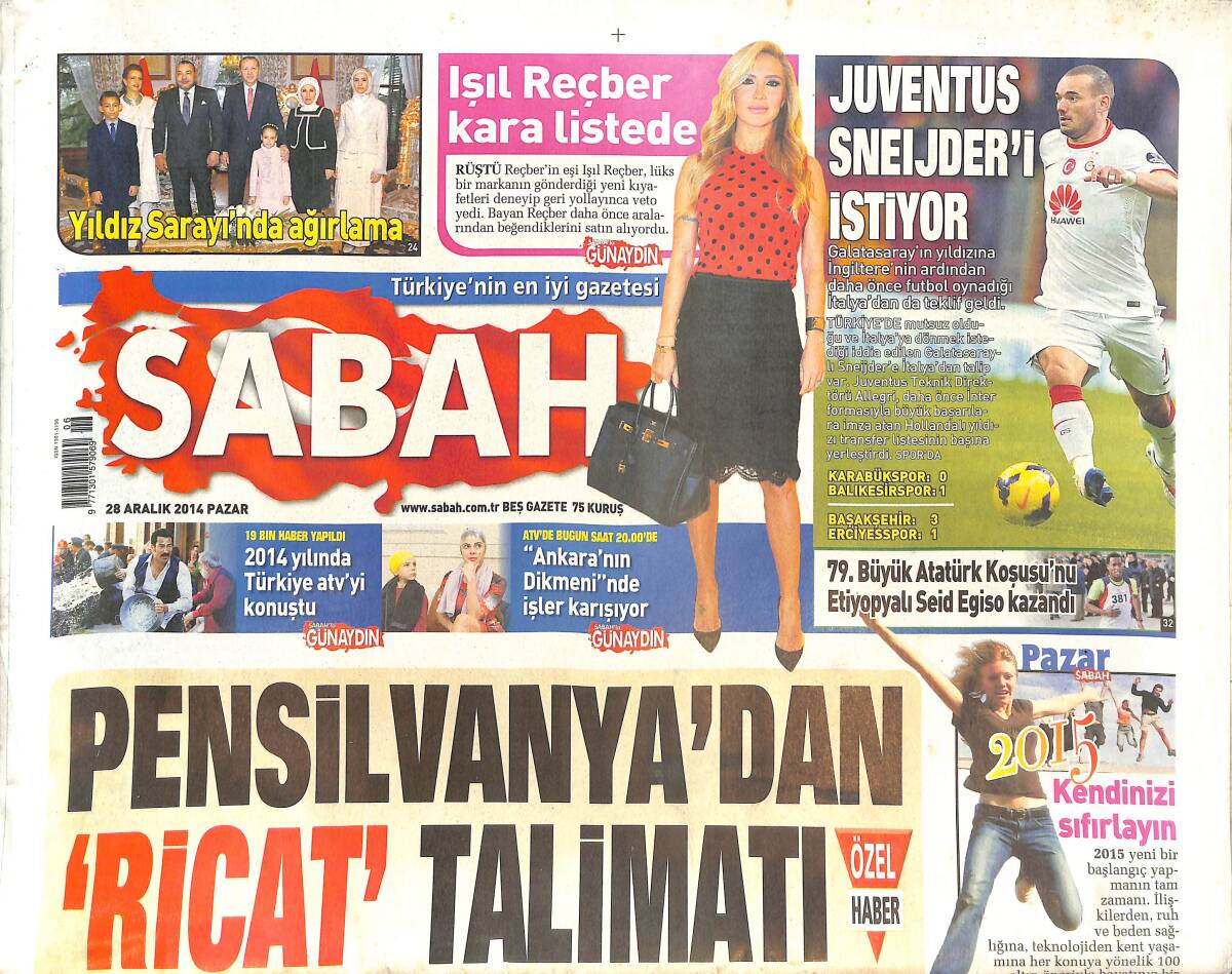 Sabah Gazetesi 28 Aralık 2014 - Juventus Sneijder'i İstiyor - Abdulkadir Badıllı'ya Veda - Parlayan Yıldız Jennifer Lawrence GZ137015 - 1