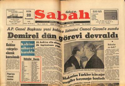 Sabah Gazetesi 28 Ekim 1965 - Makarios Türkler İçin Ağır Vergiler Koymağa Başladı GZ74895 - 1