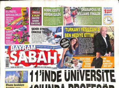 Sabah Gazetesi 28 Ekim 2012 - Sharapova Ve Williams Finalde - Nobre Coştu Mersin Güldü - Efsane Bestelere Anadolu Aşısı GZ124598 - 1