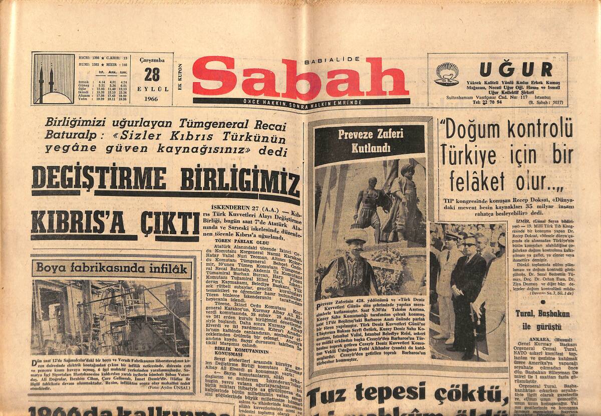 Sabah Gazetesi 28 Eylül 1966 - İslam Birliği Ve Türkiye - Değiştirme Birliğimiz Kıbrıs'a Çıktı GZ149793 - 1