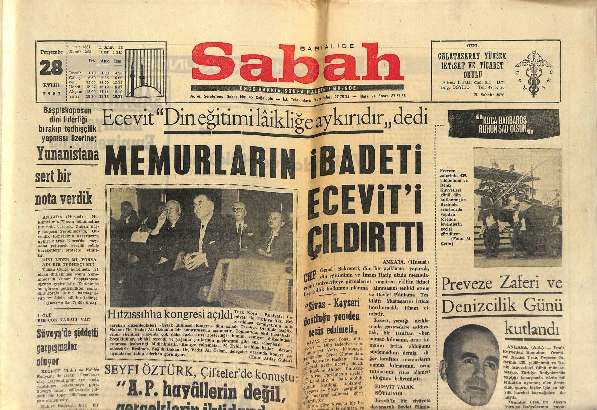 Sabah Gazetesi 28 Eylül 1967 - Memurların İbadeti Ecevit'i Çıldırttı - Fenerbahçe Toplantısı Elektrikli Geçti GZ149968 - 1
