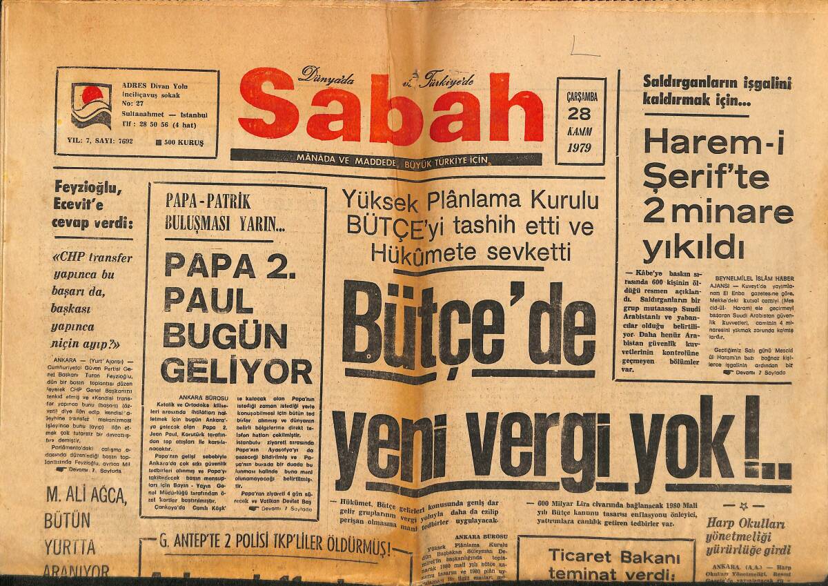 Sabah Gazetesi 28 Kasım 1979 - Bütçe'de Yeni Vergi Yok - Papa 2.Paul Bugün Geliyor GZ149704 - 1