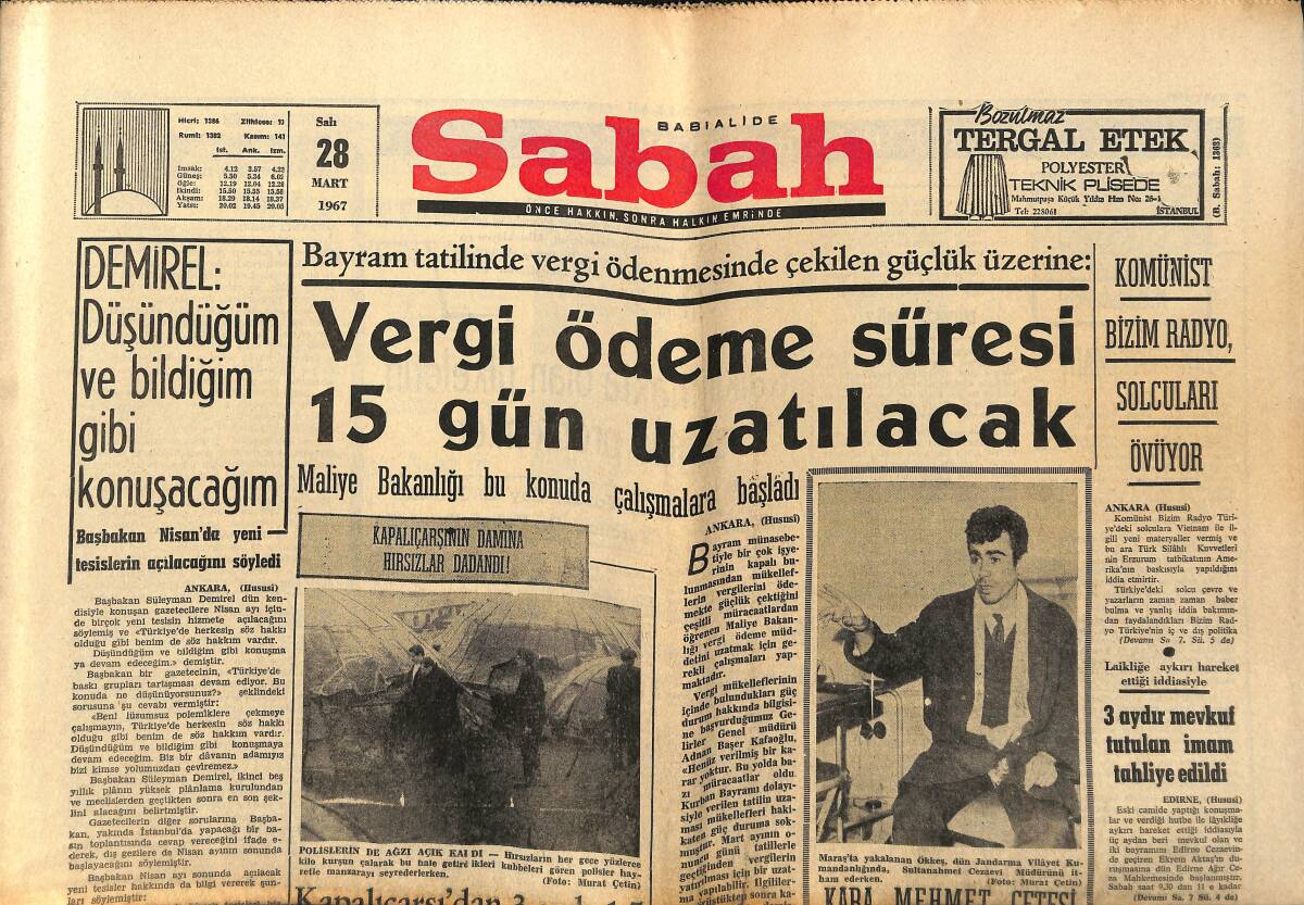 Sabah Gazetesi 28 Mart 1967 - Komünist Bizim Radyo Solcuları Övüyor - Vergi Ödeme Süresi 15 Gün Uzatılacak GZ151989 - 1