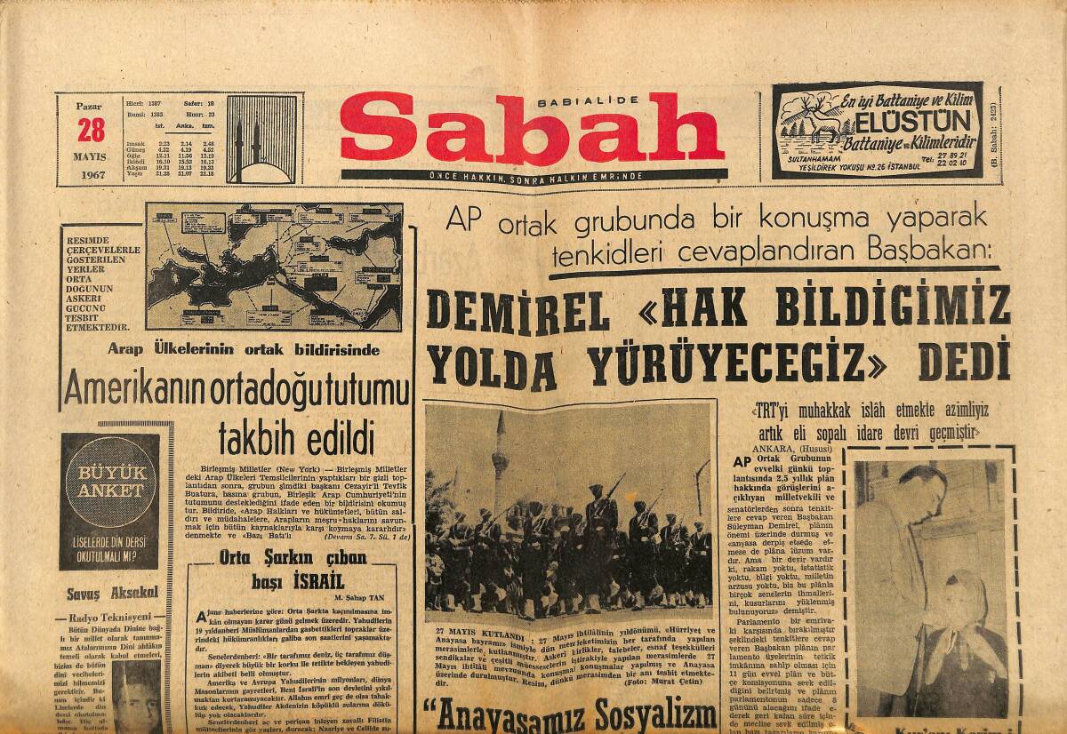 Sabah Gazetesi 28 Mayıs 1967 - Amerika'nın Ortadoğu Tutumu Takbih Edildi - Necip Fazıl'ın Konferansları GZ150116 - 1