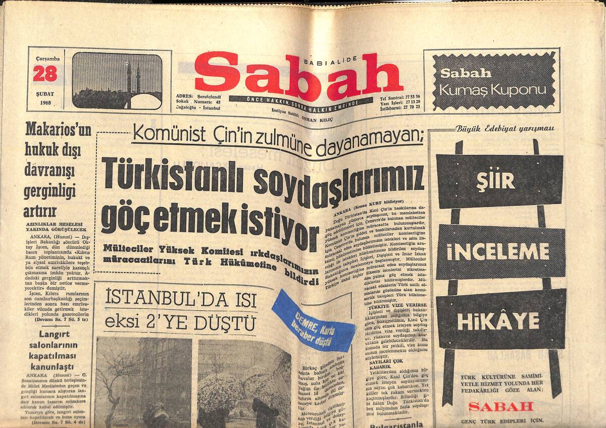 Sabah Gazetesi 28 Şubat 1968 - Komünist Çin'in Zulmüne Dayanamayan Türkistanlı Soydaşlarımız Göç Etmek İstiyor GZ143277 - 1