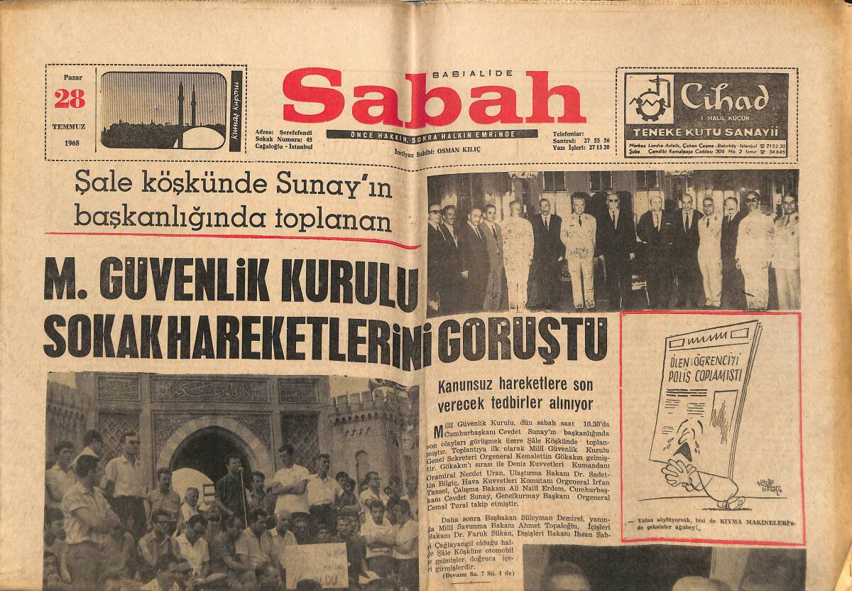 Sabah Gazetesi 28 Temmuz 1968 - M. Güvenlik Kurulu Sokak Hareketlerini Görüştü - Galatasaray Yeni Sezona Girdi GZ149891 - 1