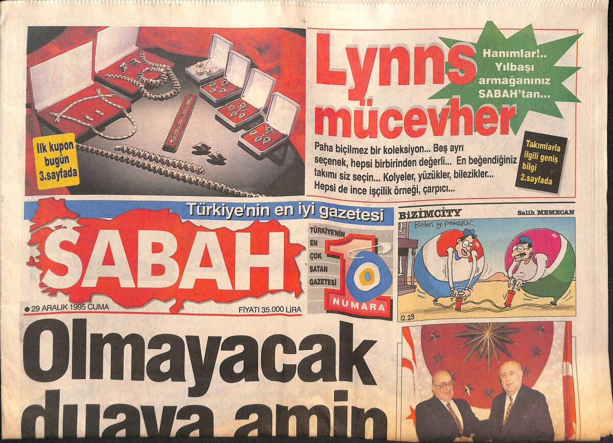 Sabah Gazetesi 29 Aralık 1995 - La Toya Geldi - Kıbrıs Satıldı Balonu Söndü ! GZ132995 - 1