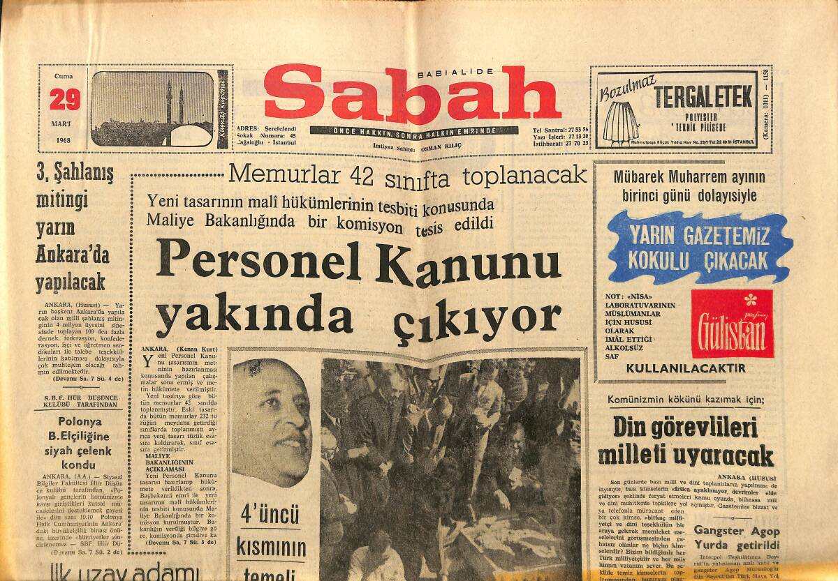 Sabah Gazetesi 29 Mart 1968 - Personel Kanunu Yakında Çıkıyor - İstanbul'un Elektrik Derdi Tamamıyla Hallolunacak GZ149716 - 1