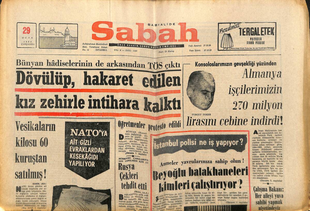 Sabah Gazetesi 29 Ocak 1969 - Rusya Çekleri Tehdit Etti - Ortadoğu'da Tam Bir Harb Havası Esiyor GZ150100 - 1