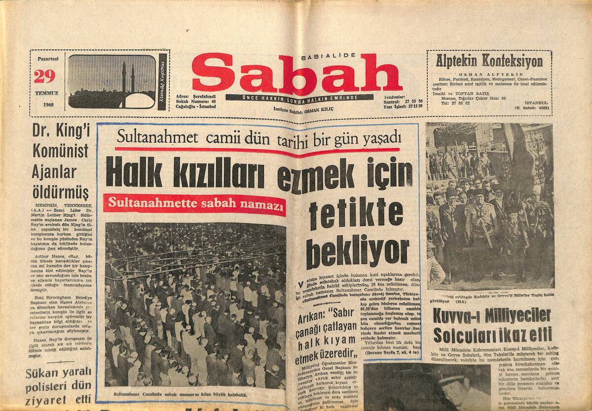 Sabah Gazetesi 29 Temmuz 1968 - Filistin Meselesinde Arapları Destekliyoruz - Sultanahmet Camii Dün Tarihi Bir Gün Yaşadı GZ149892 - 1