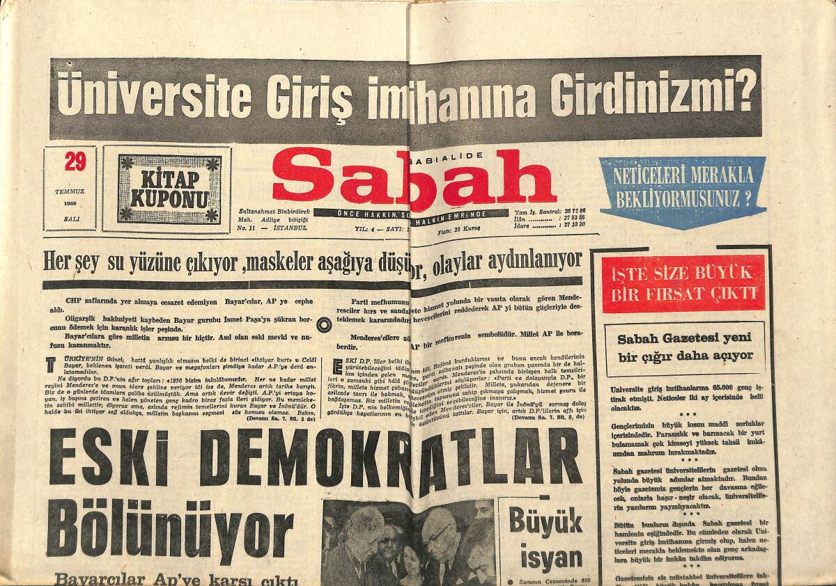 Sabah Gazetesi 29 Temmuz 1969 - İsrail, Kudüs'te Kutsal Yerleri İstimlak Ediyor - Eski Demokratlar Bölünüyor GZ149979 - 1