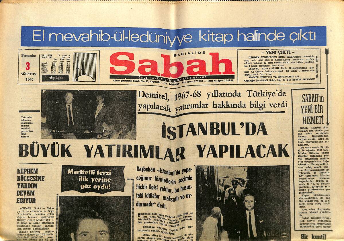 Sabah Gazetesi 3 Ağustos 1967 - İstanbul'da Yatırımlar Yapılacak - Shell İşçilerine Kıdem İkramiyesi İle Altın Rozet Verildi GZ149882 - 1
