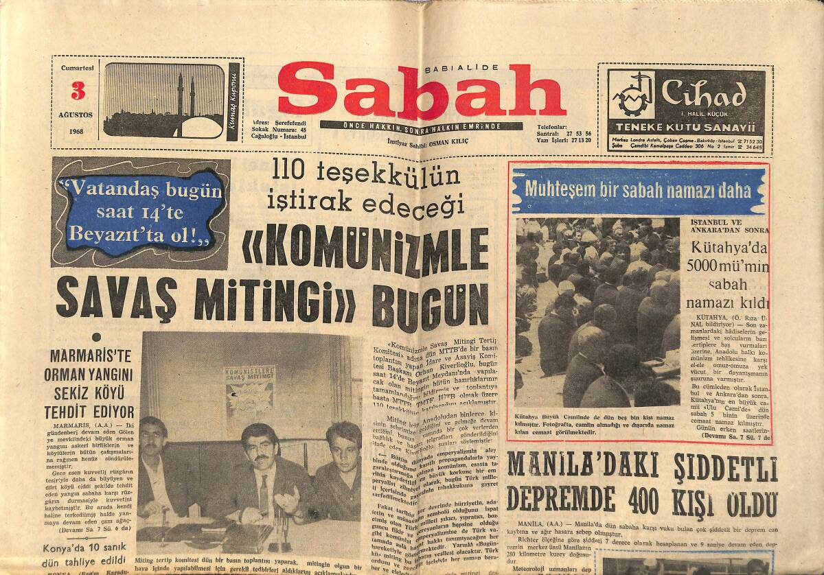 Sabah Gazetesi 3 Ağustos 1968 - Kızıllar Vietnam'da Çocukları Öldürüyor - Komünizmle Savaş Mitingi Bugün GZ149902 - 1