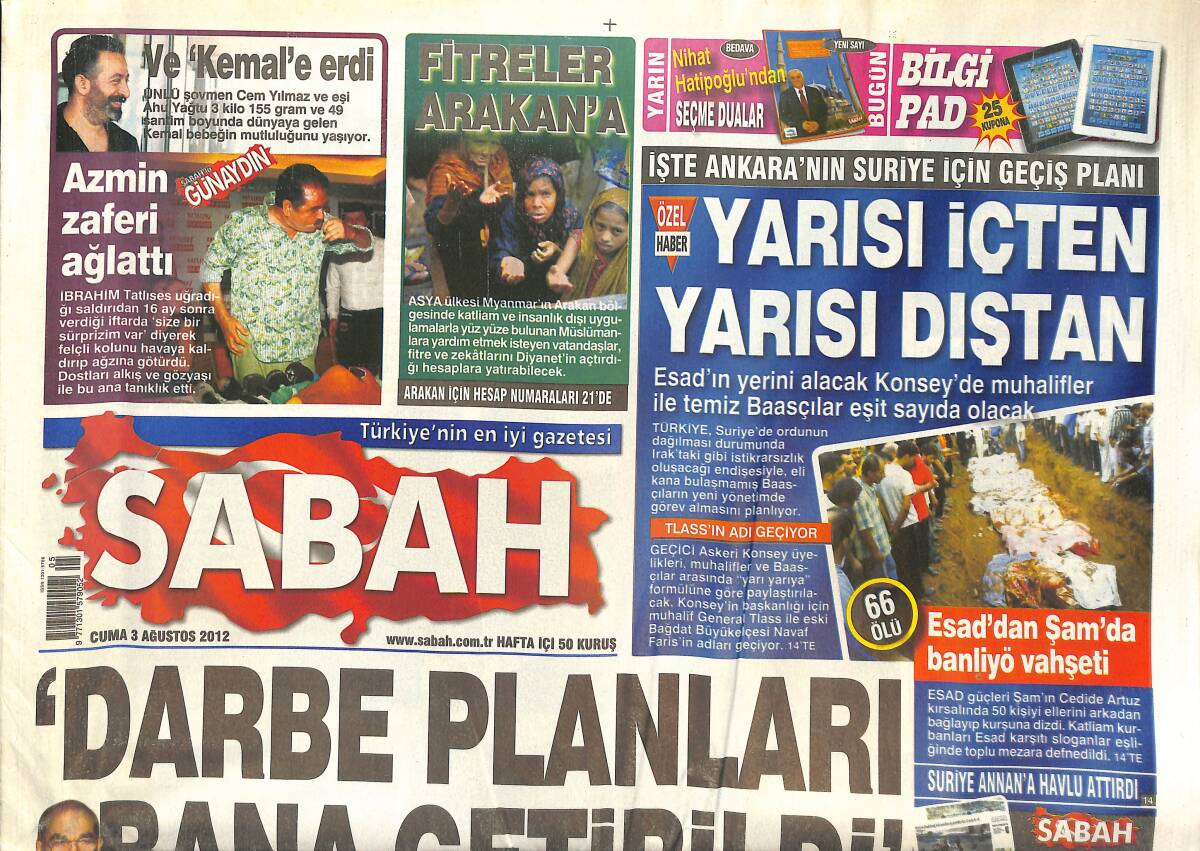 Sabah Gazetesi 3 Ağustos 2012 - Kerkük'e 75 Yıl Sonra Sürpriz Ziyaret - Baraj Anayasa Dışı - Fitreler Arakan'a GZ135761 - 1