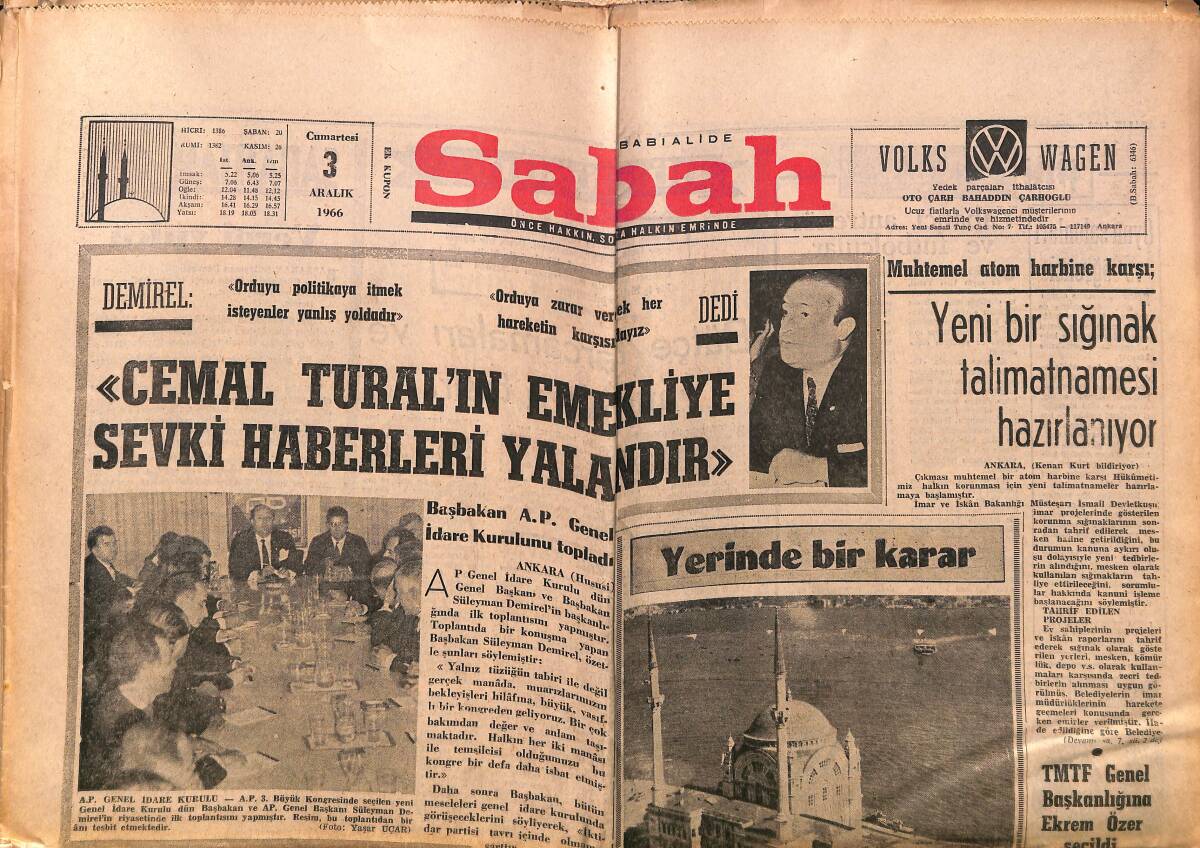 Sabah Gazetesi 3 Aralık 1966 - Tarihi Dolmabahçe Camii Ramazanda İbadete Açılacak - Galatasaray'a Tebrik Telgrafı Yağıyor GZ149813 - 1