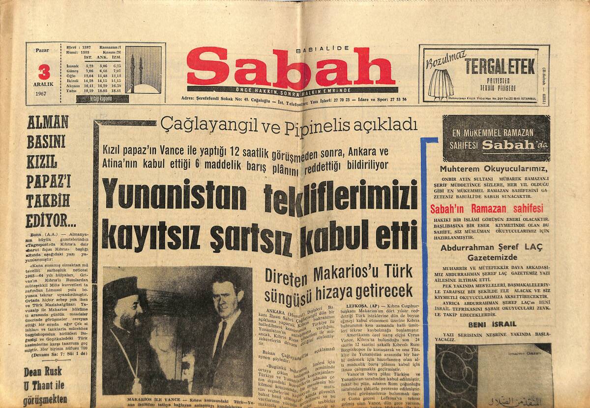 Sabah Gazetesi 3 Aralık 1967 - Maliye Bakanı Cihat Bilgehan 1968 Yılı Bütçesini Açıkladı - Yunanistan Tekliflerimizi Kayıtsız Şartsız Kabul Etti GZ151994 - 1