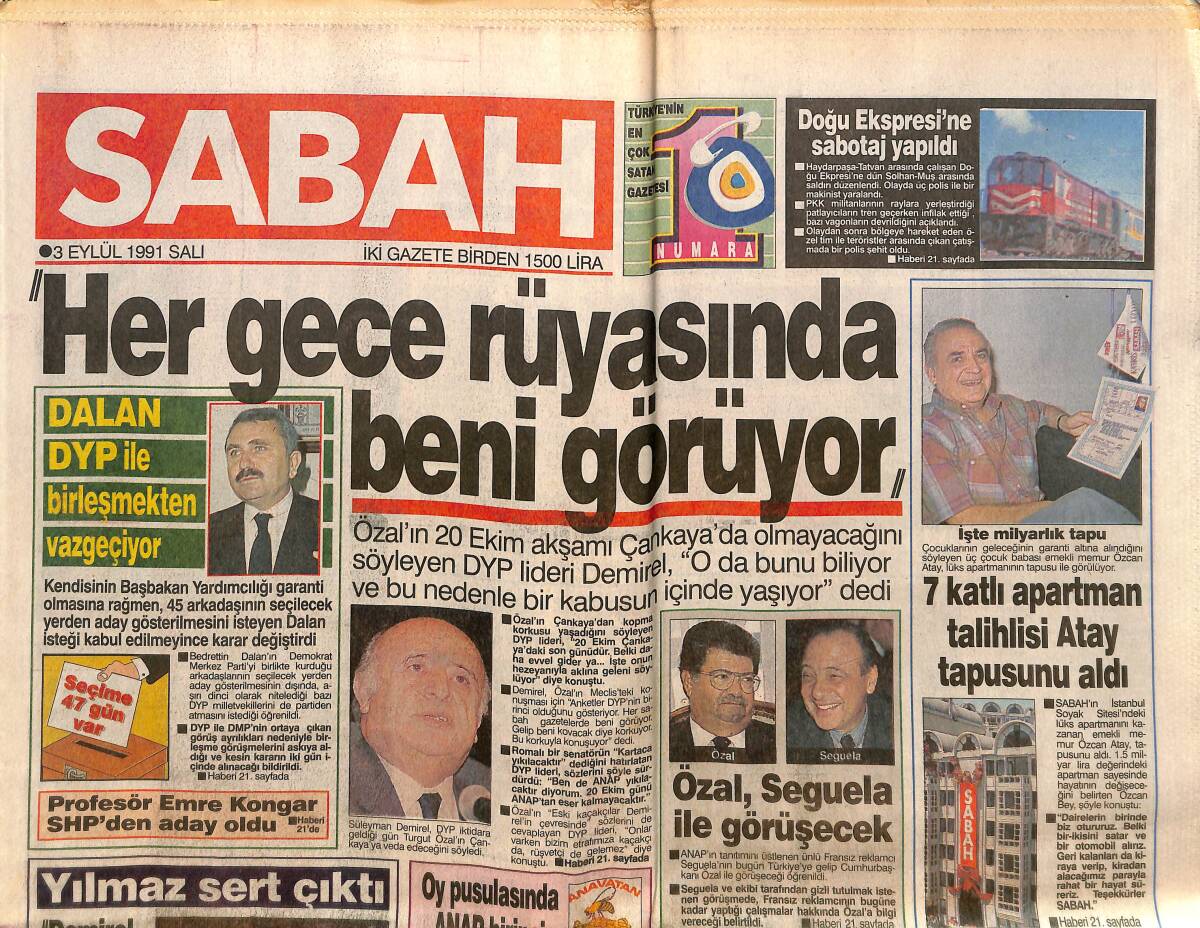 Sabah Gazetesi 3 Eylül 1991 - Tarık Akan Okul Açtı - Cem Kozlu THY'ye Veda Etti GZ150332 - 1