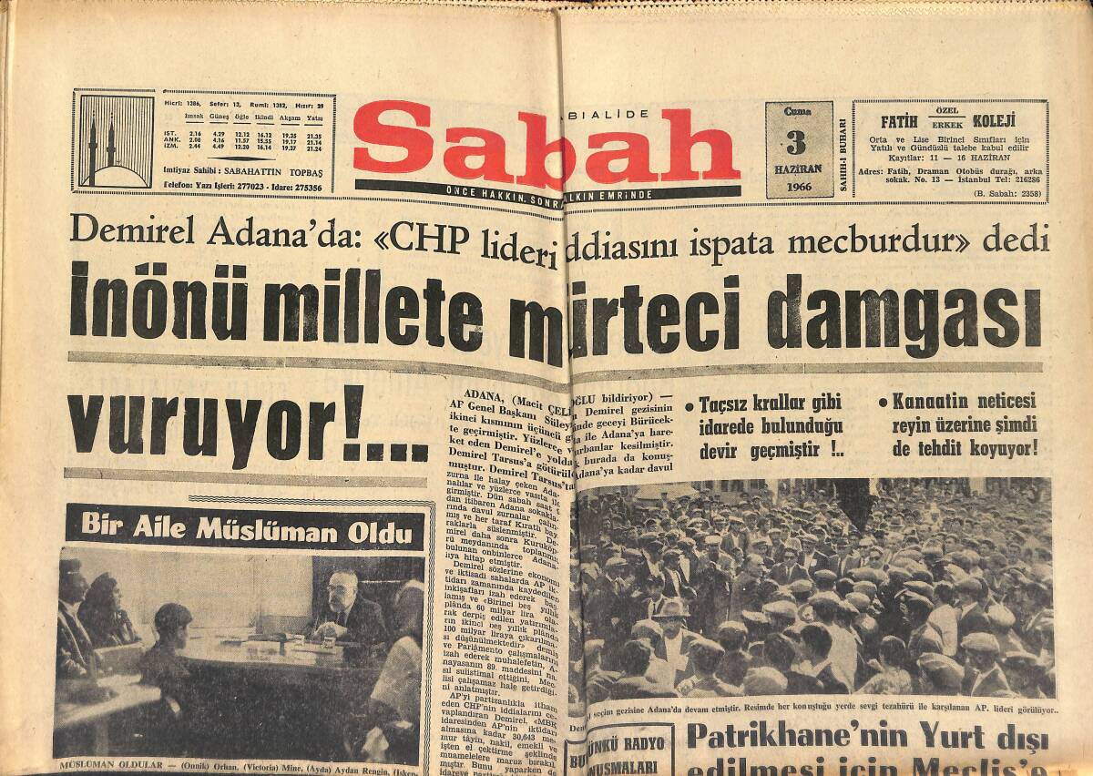 Sabah Gazetesi 3 Haziran 1966 - İnönü Millete Mürteci Damgası Vuruyor - Barzani Kerkük Türklerine Saldırıyor GZ149964 - 1