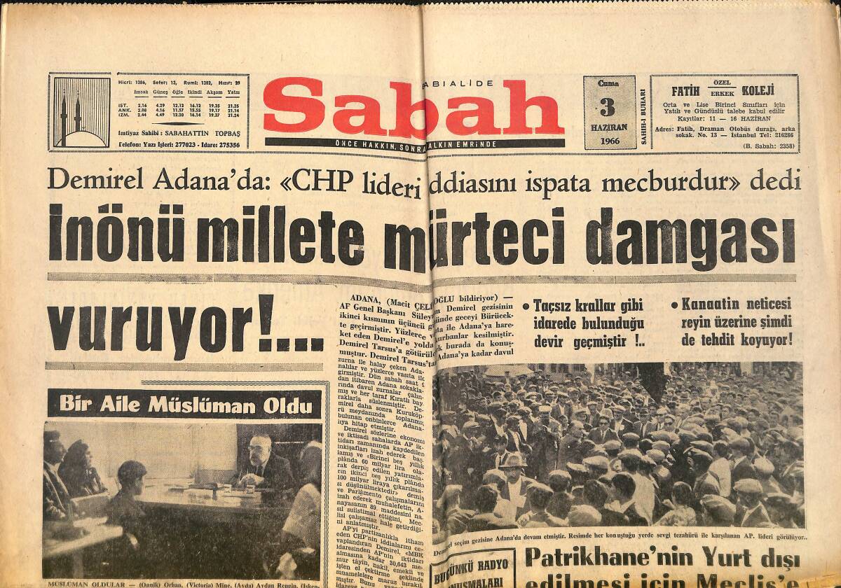 Sabah Gazetesi 3 Haziran 1966 - Kayseri'de Halk TİP'lileri Dövdü - Barzani Kerkük Türklerine Saldırıyor GZ160446 - 1