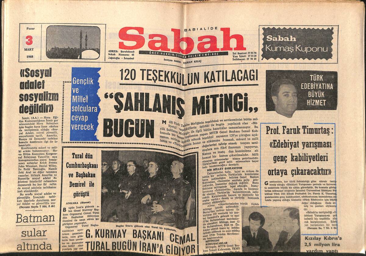 Sabah Gazetesi 3 Mart 1968 - Fenerbahçe'nin Şampiyonluk Vizesi Galatasaray'ın Elinde - Metin Oktay Fenerbahçe'ye 15 Gol Attı GZ150171 - 2