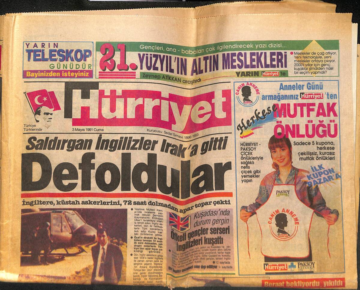 Sabah Gazetesi 3 Mayıs 1991 - İngiltere , Küstah Askerlerini , 72 Saat Dolmadan Apar Topar Çekti - Barzani de Davet Bekliyor GZ133366 - 1