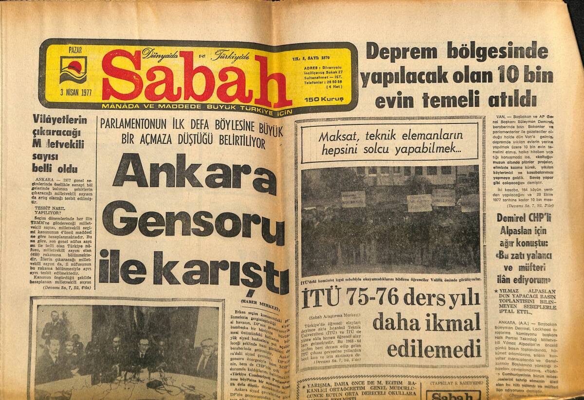 Sabah Gazetesi 3 Nisan 1977 - Viyana Görüşmeleri Çok Sert Geçiyor... - Ankara Gensoru İle Karıştı GZ149868 - 1