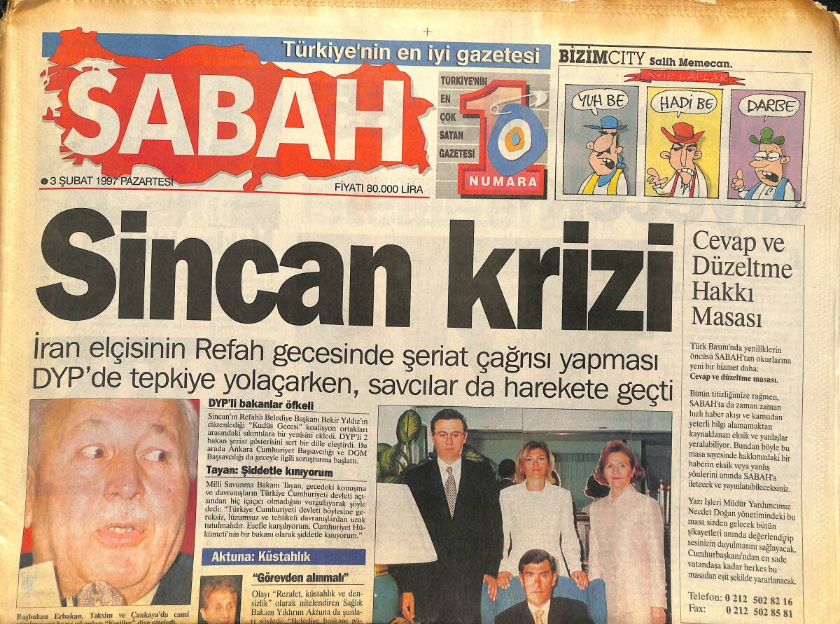 Sabah Gazetesi 3 Şubat 1997 - Galatasaray Fırsatı Tepti - Sincan Krizi - Refah Türbanı İmzaya Açtı GZ147889 - 1