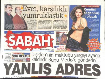 Sabah Gazetesi 3 Şubat 2001 - Ayşe Hatun Önal, Bülent Ecevit Veliahtım Yok, Çölaşan Barlas Kapışması, İbrahim Kutluay ve Demet Akalın GZ126483 - 1