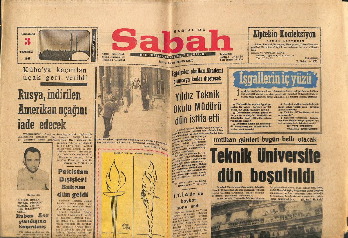 Sabah Gazetesi 3 Temmuz 1968 - Teknik Üniversite Dün Boşaltıldı - Ruben Asa Yurtdışına Kaçırılmış GZ149897 - 1