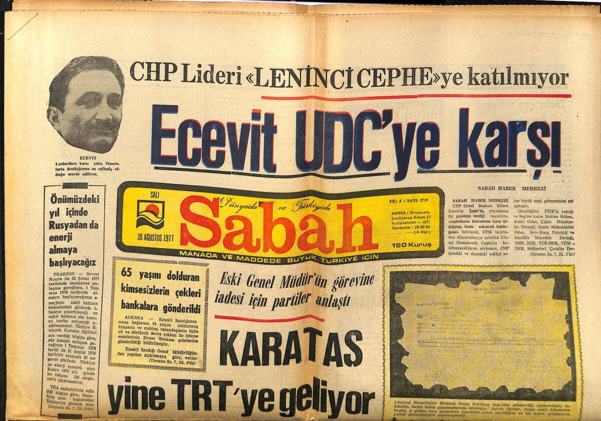 Sabah Gazetesi 30 Ağustos 1977 - Karataş Yine TRT'ye Geliyor - İnan Irak'ta Petrolle İlgili Temaslarını Tamamlayarak Yurda Döndü GZ149905 - 1