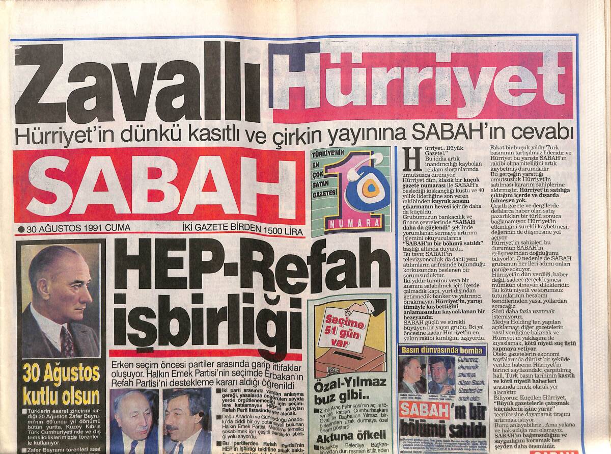 Sabah Gazetesi 30 Ağustos 1991 - HEP-Refah İşbirliği - Güney Kore'ye F-16 Satıyoruz GZ150143 - 1