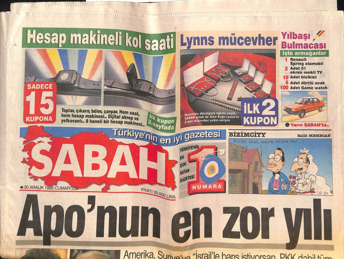 Sabah Gazetesi 30 Aralık 1995 - Apo'nun En Zor Yılı - Cindy Yakında Sinemalarda GZ132997 - 1