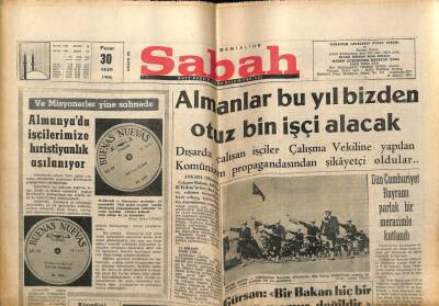 Sabah Gazetesi 30 Ekim 1966 - Almanlar Bu Yıl Bizden 30 Bin İşçi Alacak GZ64054 - 1