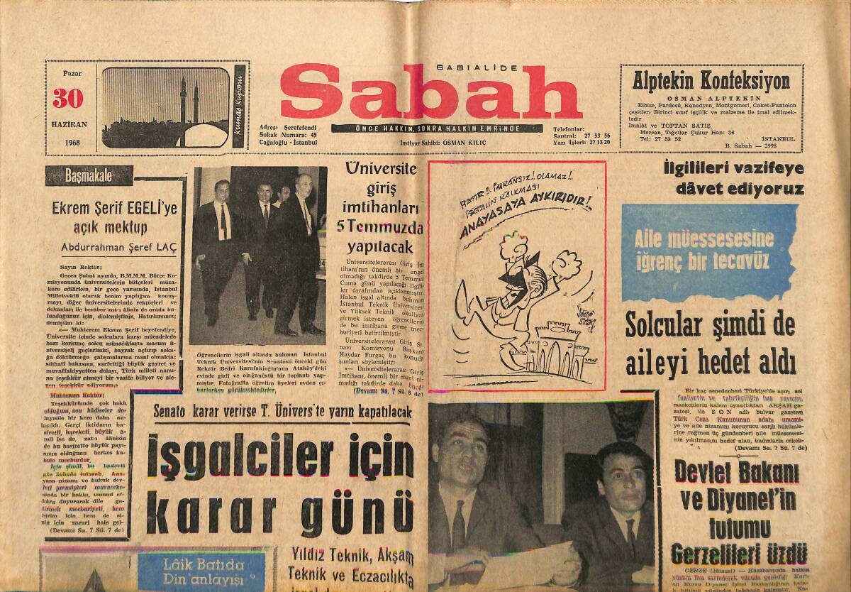 Sabah Gazetesi 30 Haziran 1968 - Bilgiç : Pendik Tersanesi İnşaatı Ekim'de Başlayacak - Solcular Şimdi de Aileyi Hedef Aldı GZ149890 - 1